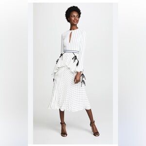 SELF-PORTRAIT Monochrome Striped Pleated While Dress ribbon light blue waistband